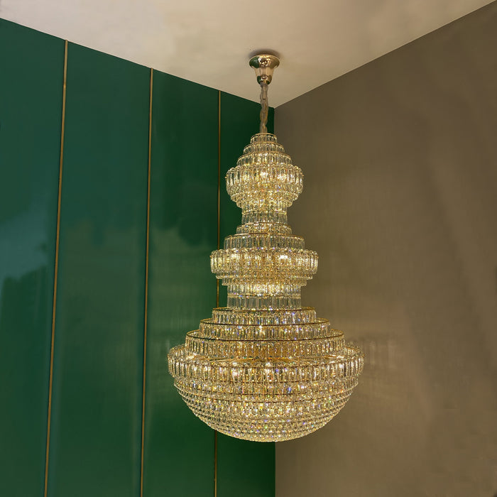 Candelabro de cristal de lujo de múltiples capas dorado Extra grande, accesorio de iluminación redondo imperio para vestíbulo/pasillo de techo alto