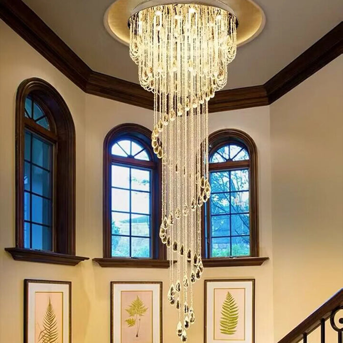 extra large, oversized, luxury, crystal,  stainless steel, staircase,spiral,cascade, modern, chandelier, duplex building, China, shining