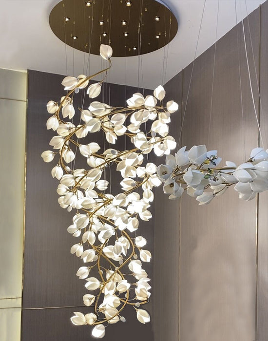 Spiral Pure White Magnolia Chandelier with Golden Branches for Staircase/High-ceiling Space/Foyer/ Duplex