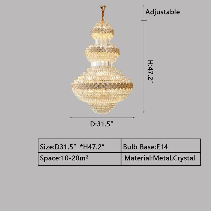 Candelabro de cristal de lujo dorado de múltiples capas Extra grande, luz de cristal decorativa imperio moderna para sala de estar/vestíbulo/escalera