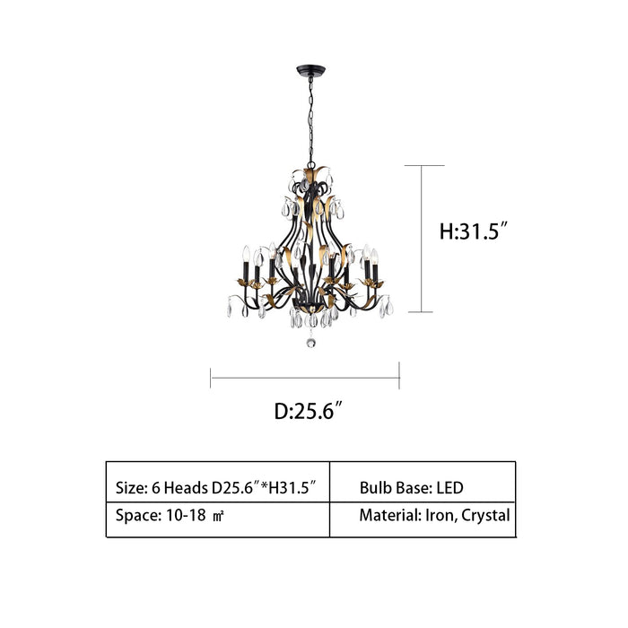 D25.6"*H31.5" chandeliers,chandelier,candle,iron,crystal,raindrop,dining room,living room