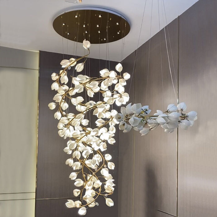 2023 New Creative Spiral Pure White Magnolia Chandelier with Golden Branches for Staircase/High-ceiling Space/Foyer/ Duplex