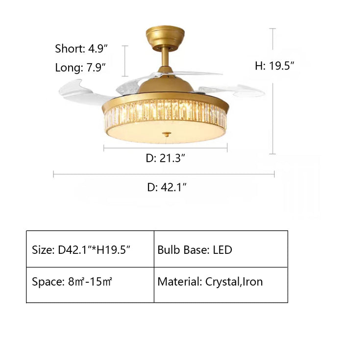 D42.1"*H19.5" chandelier,chandeliers,fan,fan light,invisible blade,round,gold,luxury,light luxury,crystal,copper,iron,ceiling,modern,living room,dining room,bar,bedroom
