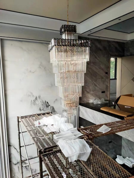 Lampada da soffitto decorativa grande verticale in cristallo con scala, lampadario per foyer, con bordo grigio/ambra