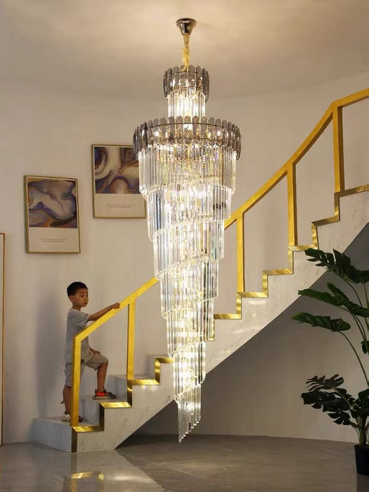Lámpara de araña de escalera en espiral para vestíbulo Extra grande de lujo, accesorio de iluminación de techo largo de cristal para sala de estar y entrada