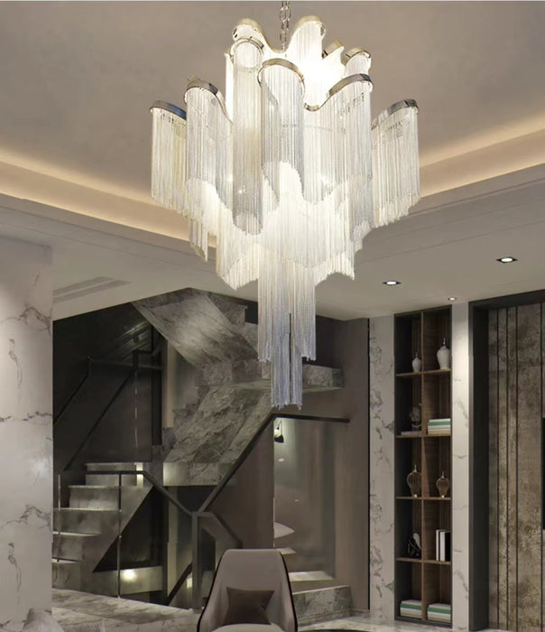 Lámpara de araña de borla larga de acero inoxidable extragrande posmoderna para sala de estar grande/escalera/villa/dúplex