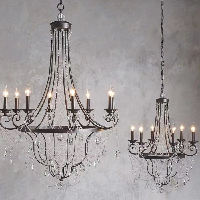 Affordable French Vintage Iron Crystal Pendant Candle Chandelier for Living Room / Restaurant / Cafe / Hotel lobby