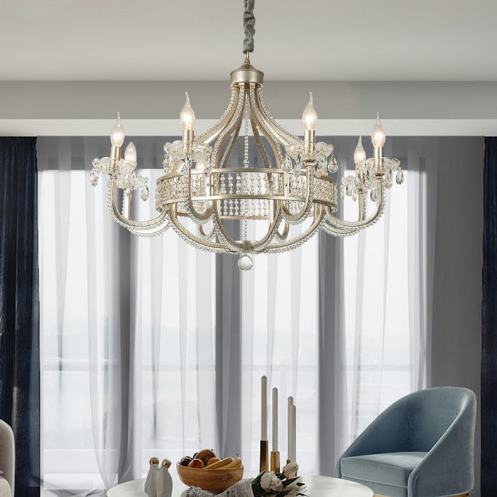 chandelier,chandeliers,candle,silver,iron,crystal,raindrop,living room,dining room