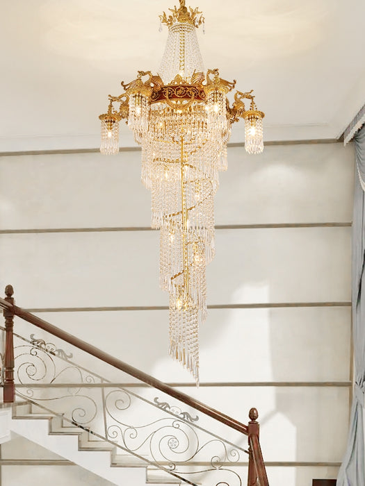 Extra Large Retro Luxury Full Copper Crystal Chandelier for Staircase/ Duplexes/ Villas