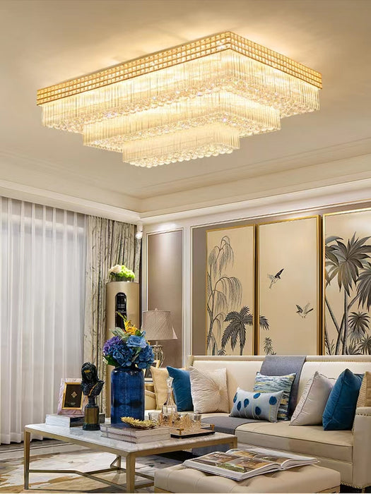 Lámpara de araña de cristal empotrada de lujo rectangular extra grande de tres capas para sala de estar