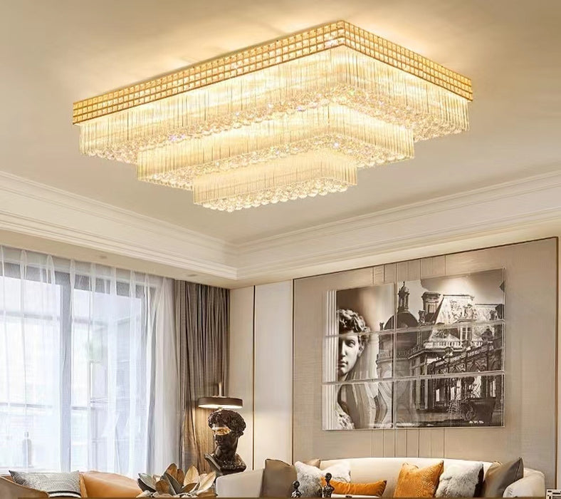 Lámpara de araña de cristal empotrada de lujo rectangular extra grande de tres capas para sala de estar