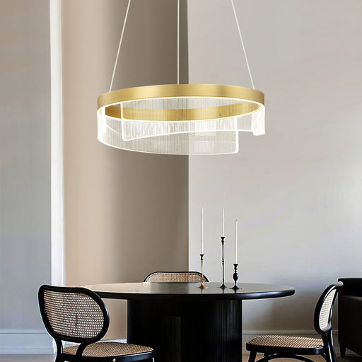 chandelier,chandeliers,aluminum,gold,adjustable,Acrylic lampshade，dining table,round,ring,circle,round table,big table,long table,light fixture,living room,bar,cafe,dining room,foyer,entryway