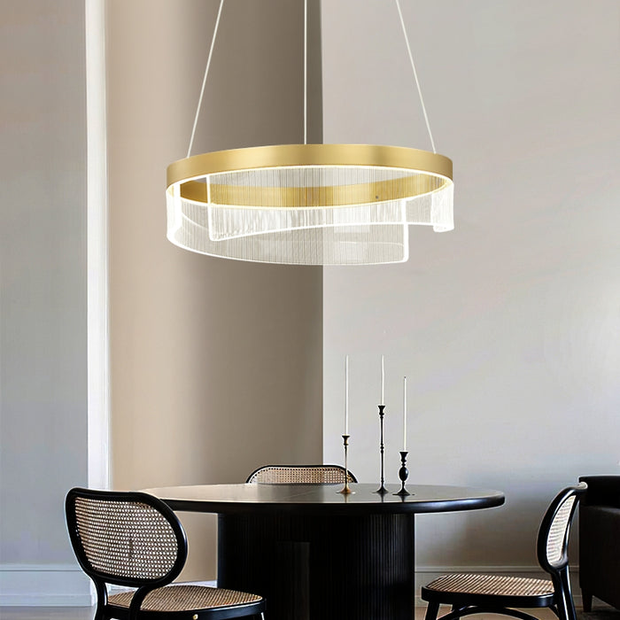 chandelier,chandeliers,aluminum,gold,adjustable,Acrylic lampshade，dining table,round,ring,circle,round table,big table,long table,light fixture,living room,bar,cafe,dining room,foyer,entryway