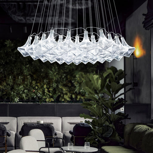 chandelier,chandeliers,glass,metal,big table,long table,big,huge,oversize,extra large,large,dining table,stairs,clear,Facet Chandelier,by Moritz Waldemeyer for Lasvit,Facet Sculpture Cluster Pendant Light