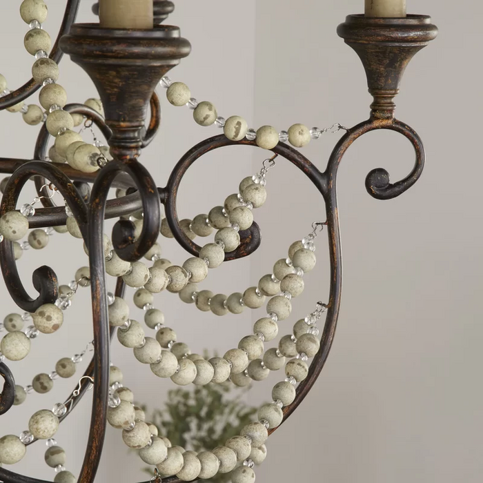 Vintage Style Wooden Bohemian Candle Pearl Chain Chandelier for Foyer/Entryway/Living Room