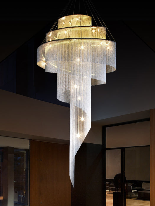 Lámpara de araña de cadenas de metal de lujo postmoderna de múltiples capas extra grande para habitación de techo alto