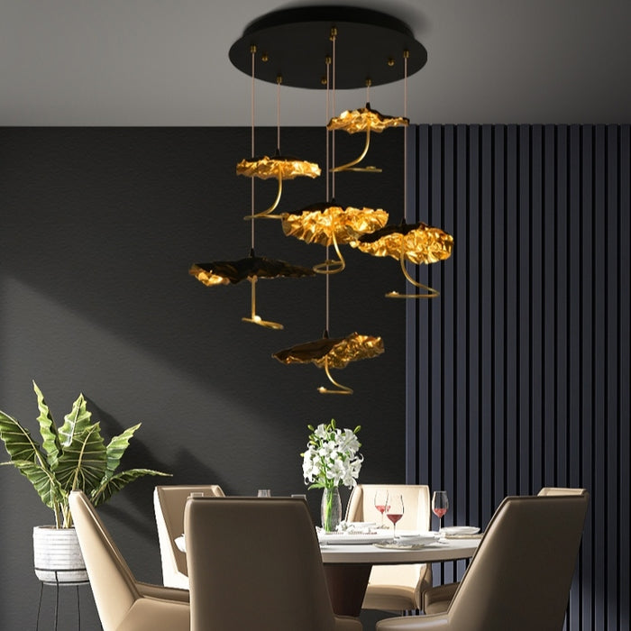 chandelier,chandeliers,lotus,multi-tier,staircase,spiral staircase,high-ceiling room,art,brass,huge,oversize,long table,big table,dining table,Gold Moon LED Chandelier