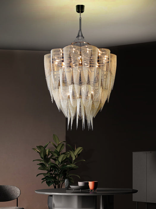 Lámpara colgante de borla de cadena de aluminio posmoderna de gran tamaño para sala de estar/escalera/villa grande