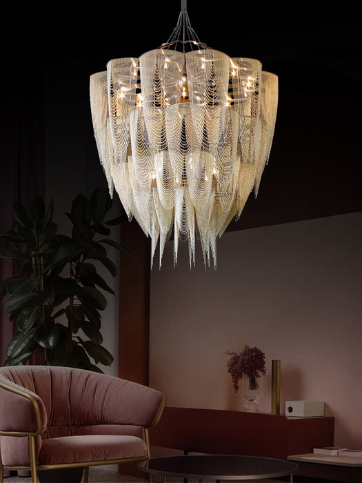Lámpara colgante de borla de cadena de aluminio posmoderna de gran tamaño para sala de estar/escalera/villa grande
