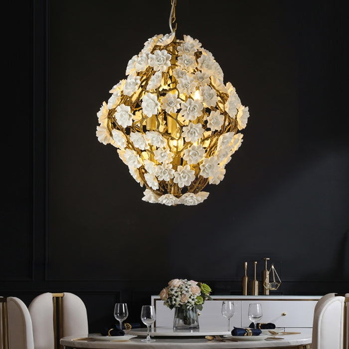 Post-Modern Light Luxury Brass and Ceramics Flower Art Chandelier for Living/Dining Room/Bedside/Hallway