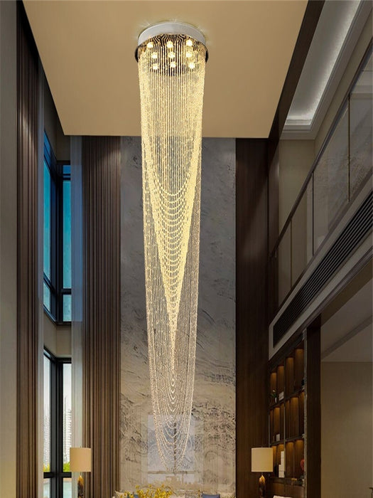 Lámpara de araña de cristal de cascada con borlas escalonadas de lujo asequible extragrande para escalera de caracol/villa/vestíbulo de hotel/vestíbulo