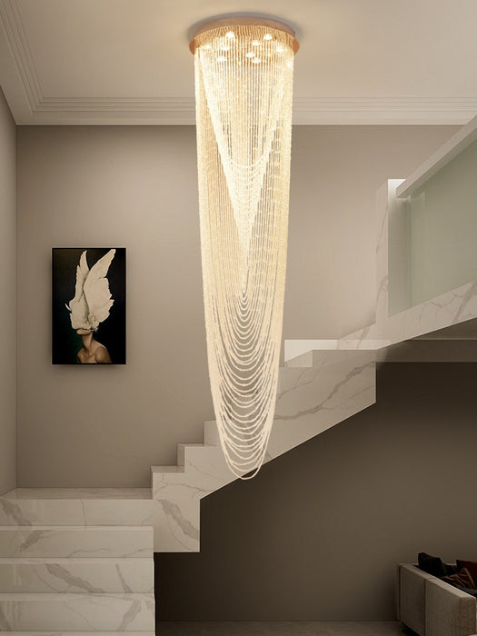 Lámpara de araña de cristal de cascada con borlas escalonadas de lujo asequible extragrande para escalera de caracol/villa/vestíbulo de hotel/vestíbulo