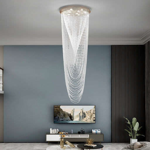 chandelier,chandeliers,extra large,large,oversize,big,huge,waterfall,tassel,cone,stairs,loft,foyer,villa,silver,chrome,flush mount,ceiling,round