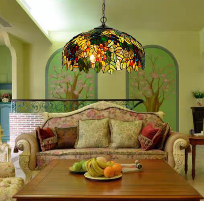 Lámpara colgante de uvas de cristal multicolor estilo vintage Tiffany para cafetería/bar/entrada