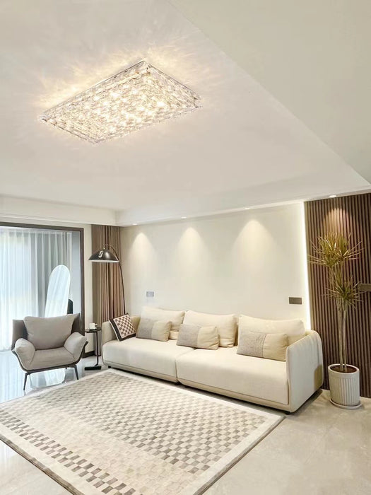 Lámpara de araña de cristal de montaje empotrado con luz rectangular de lujo extra grande para sala de estar/dormitorio