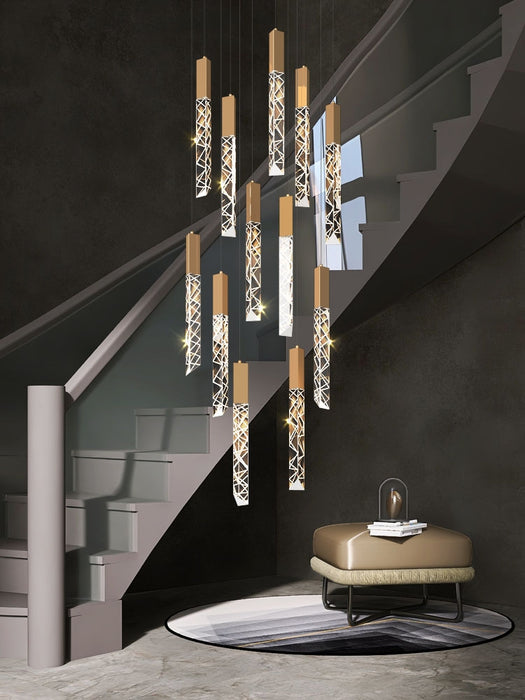 Lámpara de araña larga con colgante de varilla de cristal K9 moderna extragrande para escalera/sala de estar/vestíbulo
