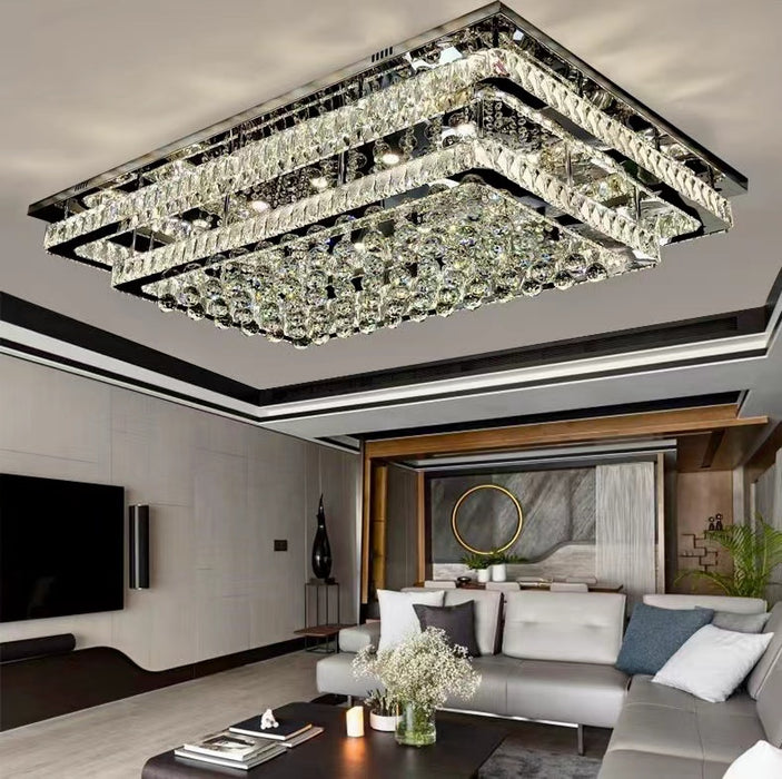 chandelier,chandeliers,flush mount,ceiling,crystal,stainless steel,square,rectangle,muti-tiers,tiers,layers,multi-layer,dining room,dining table,long table,big table
