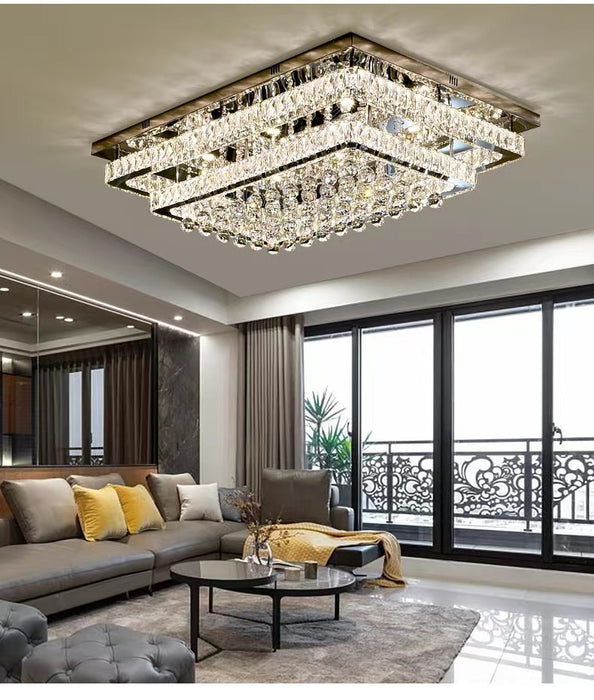 Extra Large Two Layers Rectangle Crystal Flush Mount Chandelier for Living Room/Bedroom