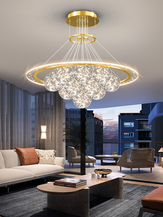 Candelabro de bola de cristal transparente, luz de estrella de cielo completo, redondo y moderno, para sala de estar/comedor/dormitorio