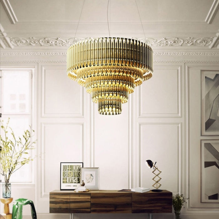 Lámpara de araña dorada redonda hueca de aluminio, luz posmoderna, de lujo, para salón/comedor/bar