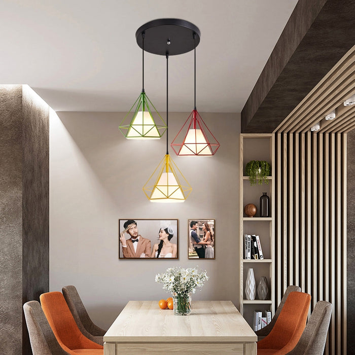 Modern Industrial Diamond Shape Light Iron Cage Pendant Chandelier for Dining Room/Kitchen Island/Entrys