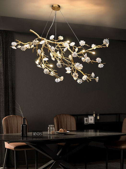 Post-Modern Art Brass and Ceramics Flower Pendant Branch Chandelier for Living/Dining Room