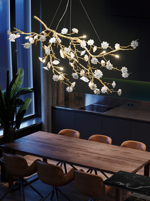 Post-Modern Art Brass and Ceramics Flower Pendant Branch Chandelier for Living/Dining Room