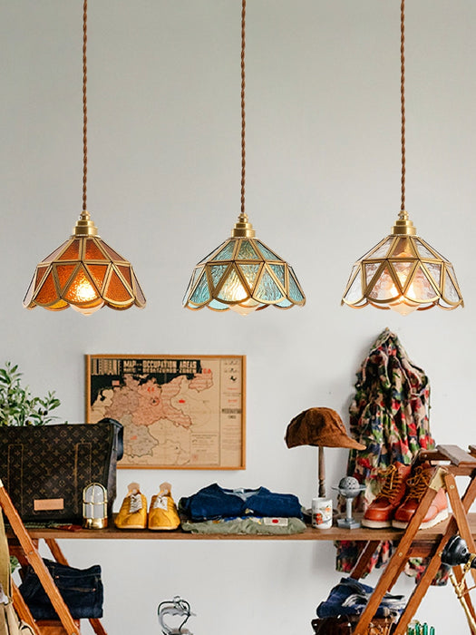 Lampadari a sospensione a reticolo irregolare Tiffany vintage in ottone e vetro colorato per sala da pranzo/soggiorno/letto/bar