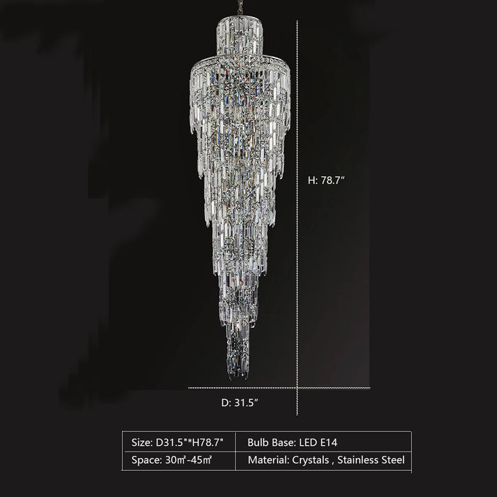 D31.5"*H78.7" Luxury Large Crystal Chandelier For Hight Ceiling Living Room Long Staircase Light Fixture