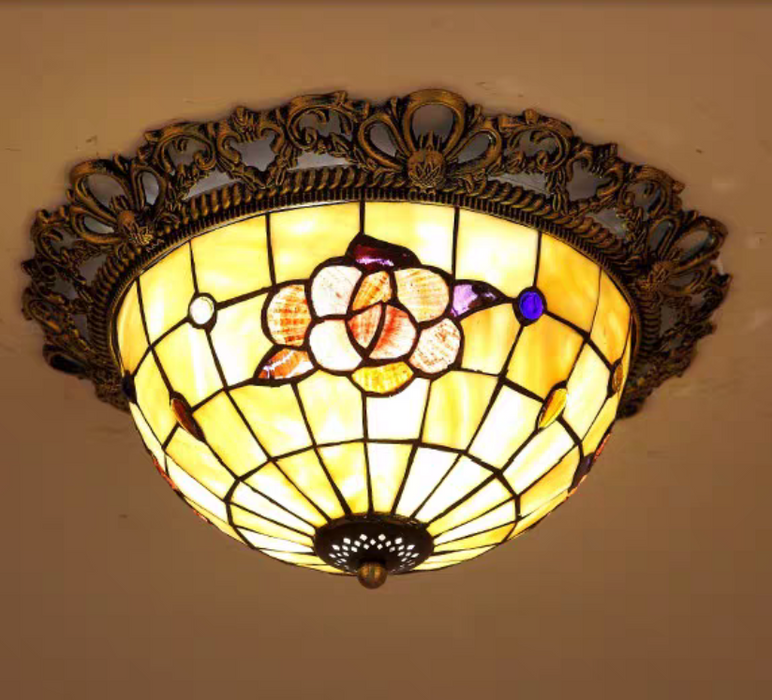 Tiffany Vintage Stained Glass Light Flush Mount Chandelier for Living Room/Bedroom