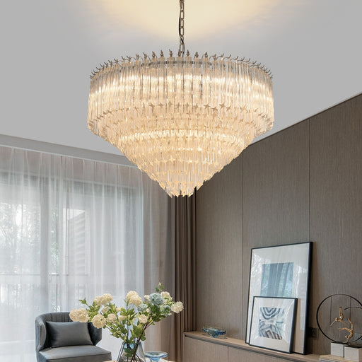 chandelier,chandeliers,crystal,rods,tiers,layers,chrome,gold,silver,round,regular,living room,foyer,bedroom,entryway,hallway,villa,dining room,big table