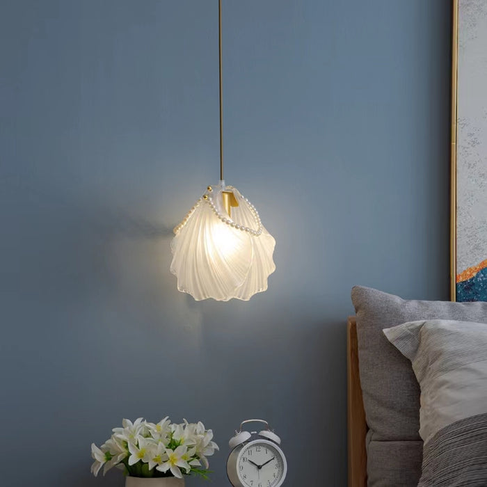 Bohemia Art Frosted Glass Seashell Pure Pearl Pendant Light for Bedside/Dining Table/Coffee Table