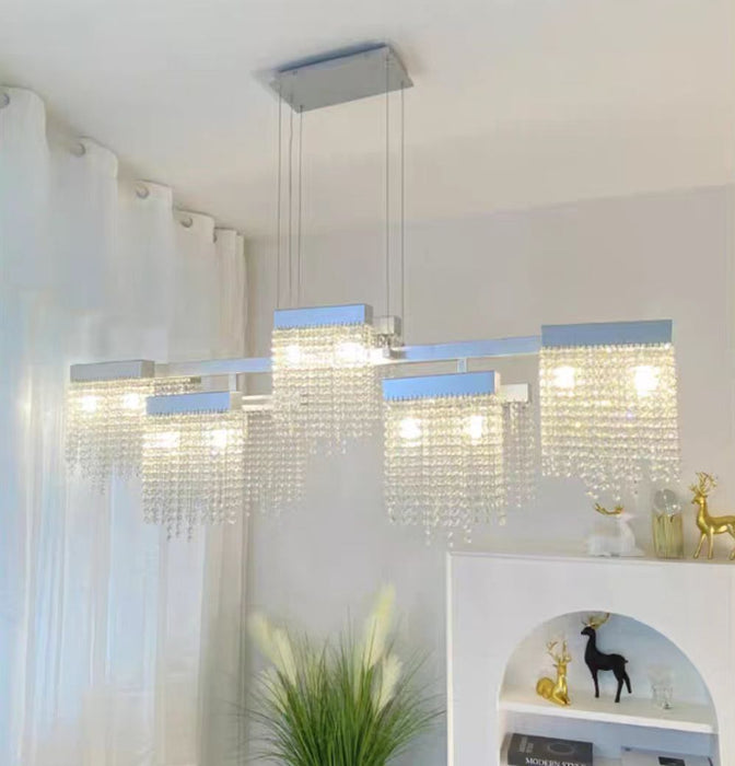 Modelos de diseño de luz larga con colgante de cristal con borlas de lujo extragrandes para comedor/sala de estar/isla de cocina