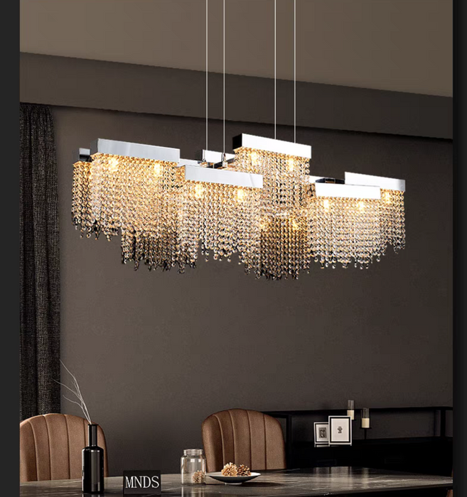 Modelli di design a sospensione a luce lunga con nappa di cristallo extra large di lusso per sala da pranzo/soggiorno/isola cucina