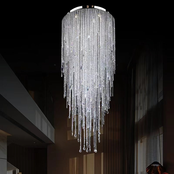 Lámpara colgante extra grande con borlas de cristal y montaje empotrado para sala de estar/sala de techo alto/vestíbulo