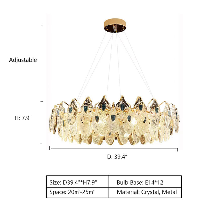 D39.4"*H7.9" chandelier.chandeliers,sets,shell,crystal,feather,modern,light luxury,round,rectangle,long table,dining table,kitchen island,living room,bedroom,foyer,hallway,gold
