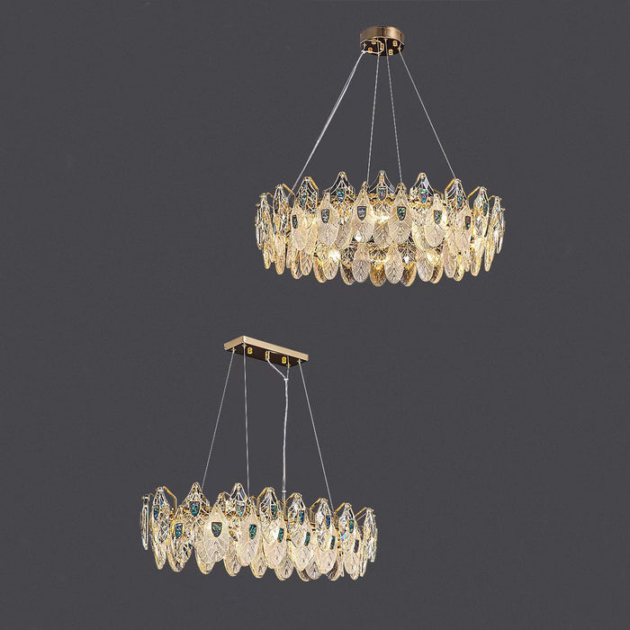 chandelier.chandeliers,sets,shell,crystal,feather,modern,light luxury,round,rectangle,long table,dining table,kitchen island,living room,bedroom,foyer,hallway,gold