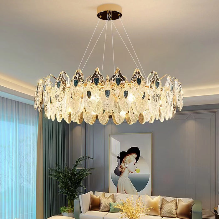 Lámpara moderna de concha de abulón con colgante de cristal de plumas, traje para sala de estar/comedor/dormitorio