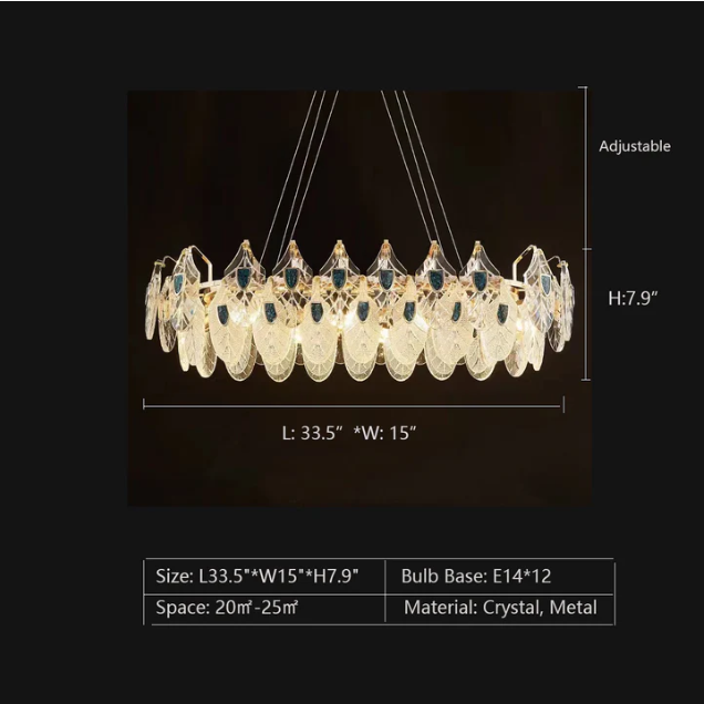 L33.5"*W15.0"*H7.9" chandelier.chandeliers,sets,shell,crystal,feather,modern,light luxury,round,rectangle,long table,dining table,kitchen island,living room,bedroom,foyer,hallway,gold