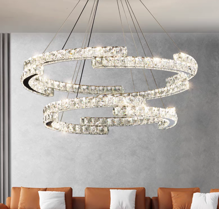 Moderno colgante de cristal de lujo con anillos irregulares, lámpara de araña para salón/comedor/dormitorio